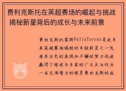 费利克斯托在英超赛场的崛起与挑战 揭秘新星背后的成长与未来前景 费利克斯托在英超赛场的崛起与挑战 揭秘新星背后的成长与未来前景