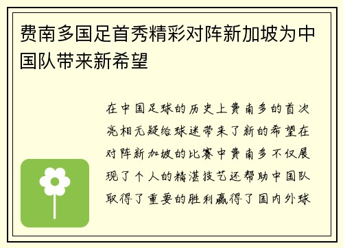 费南多国足首秀精彩对阵新加坡为中国队带来新希望